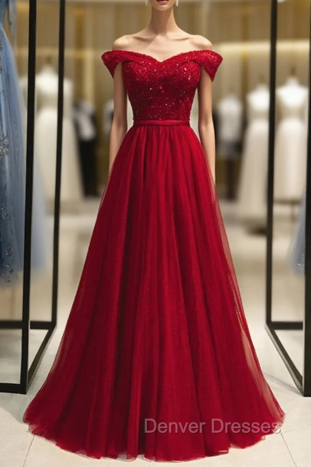 Burgundy Tulle Off the Shoulder Beading Prom Dress