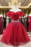 Burgundy Tulle Off the Shoulder Pleats Beading Homecoming Dress