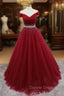 Burgundy Tulle Off the Shoulder Pleats Beading Prom Dress