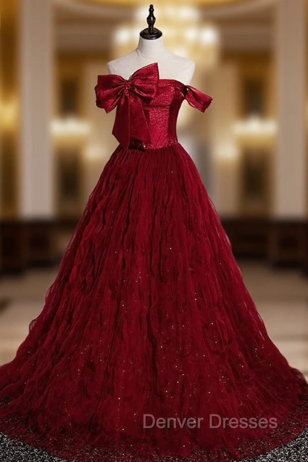 Burgundy Tulle Off the Shoulder Pleats Bow Prom Dress Main image