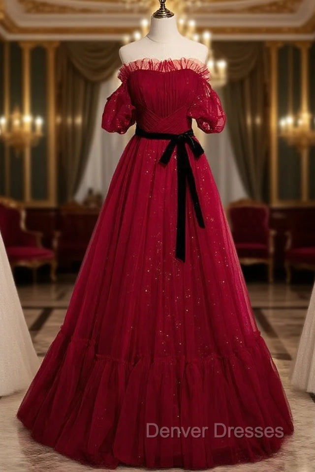 Burgundy Tulle Off the Shoulder Pleats Puff Sleeve Prom Dress Main image