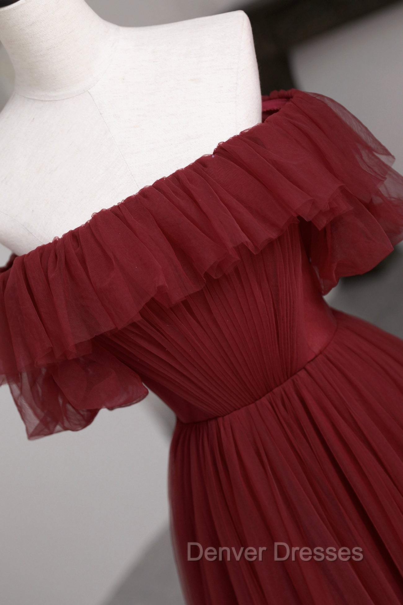 Burgundy Tulle Off the Shoulder Prom Dress, Long A-Line Evening Dress Secondary image