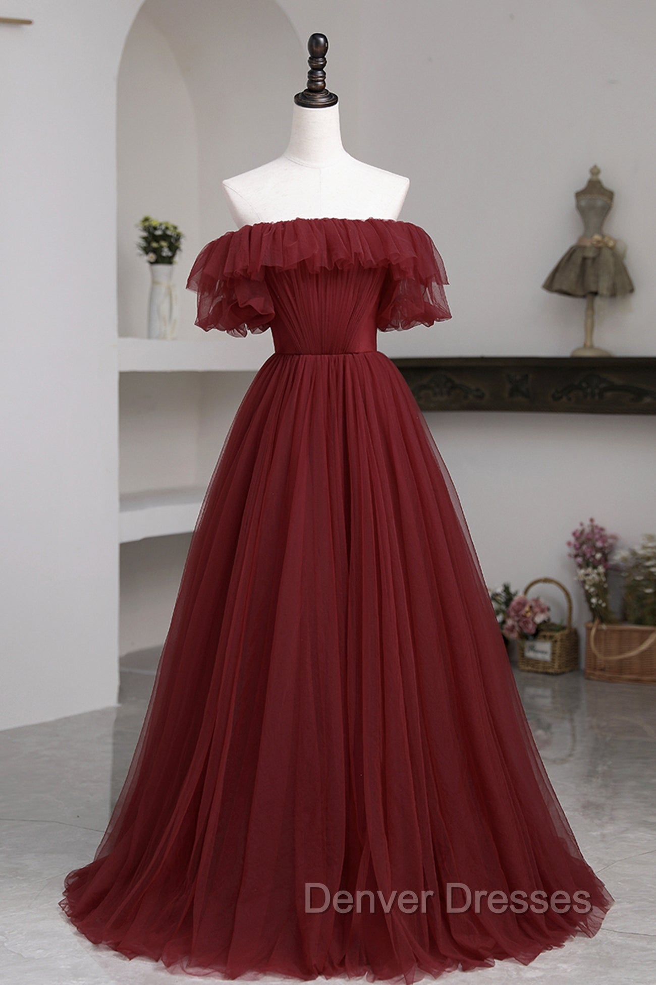 Burgundy Tulle Off the Shoulder Prom Dress, Long A-Line Evening Dress Main image