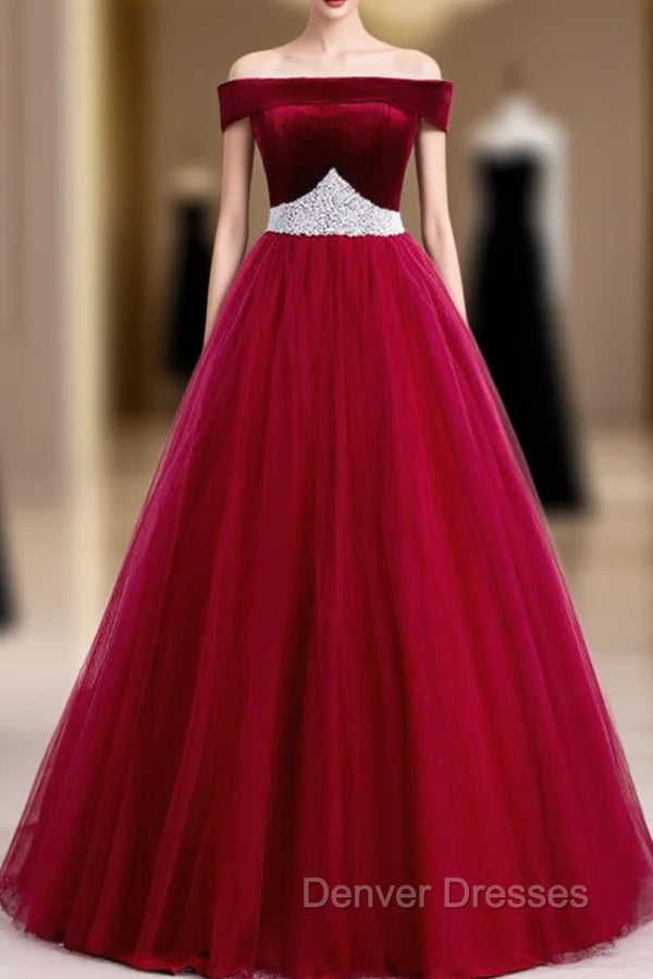 Burgundy Tulle Off the Shoulder Prom Dress With Pearls 2020 Main image