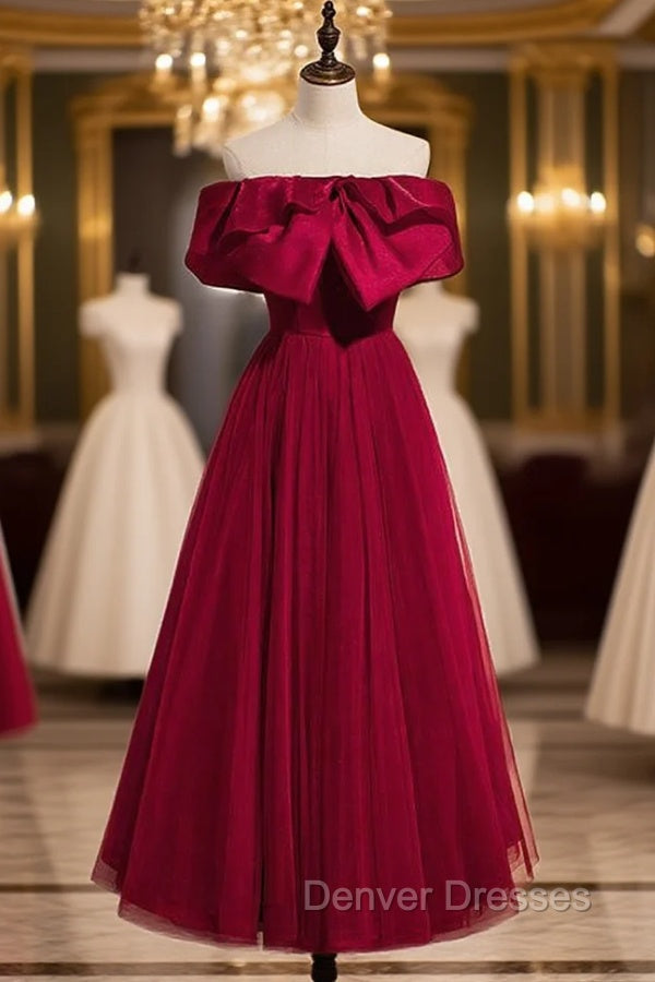 Burgundy Tulle Off the Shoulder Prom Dress