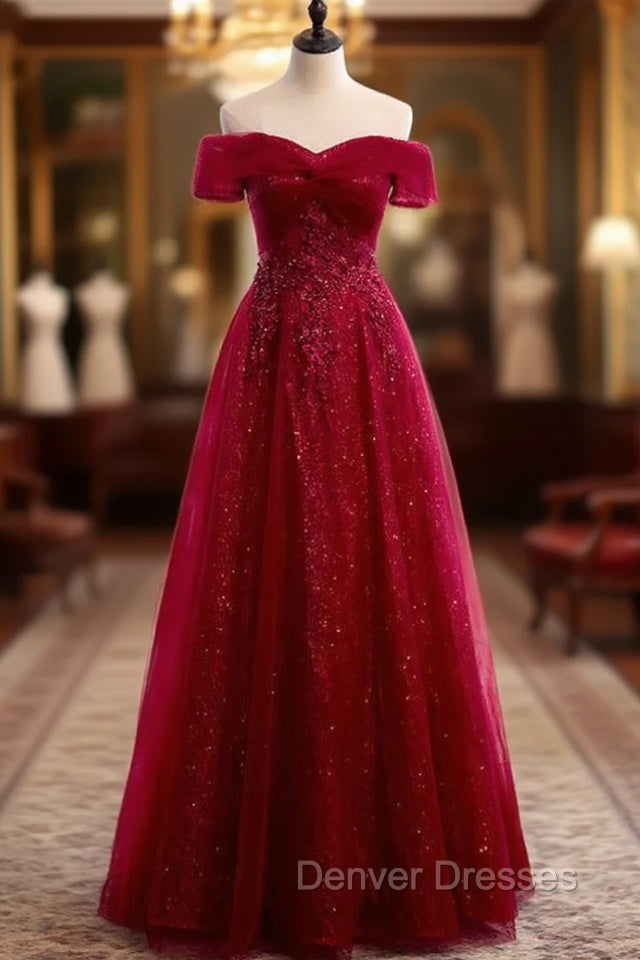 Burgundy Tulle Off the Shoulder Sequins Beading Prom Dress Main image