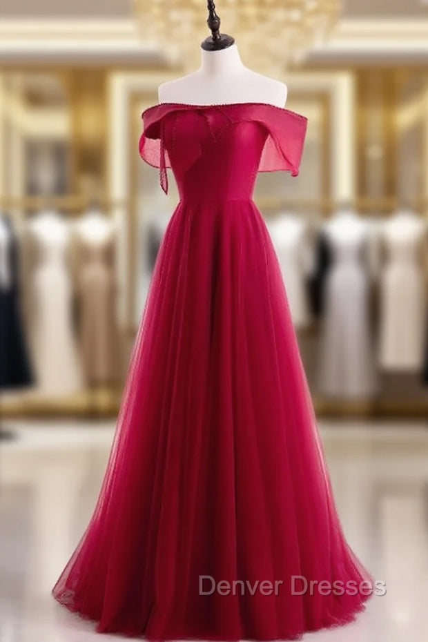 Burgundy Tulle Pearls Off the Shoulder Prom Dress Main image