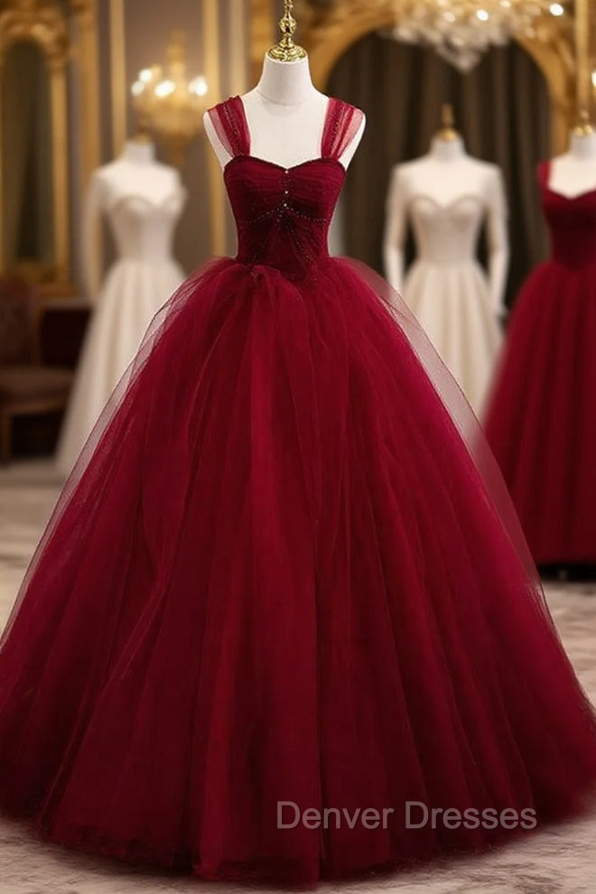 Burgundy Tulle Pleats Besing Sequins Prom Dress Main image