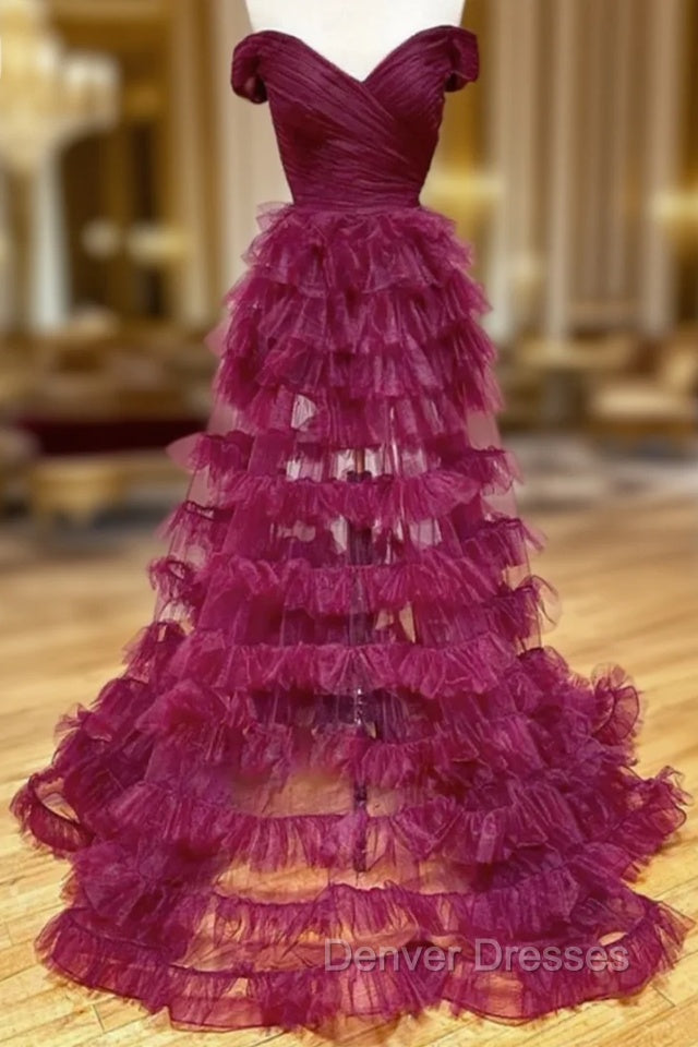 Burgundy Tulle Pleats Off the Shoulder Prom Dress Main image