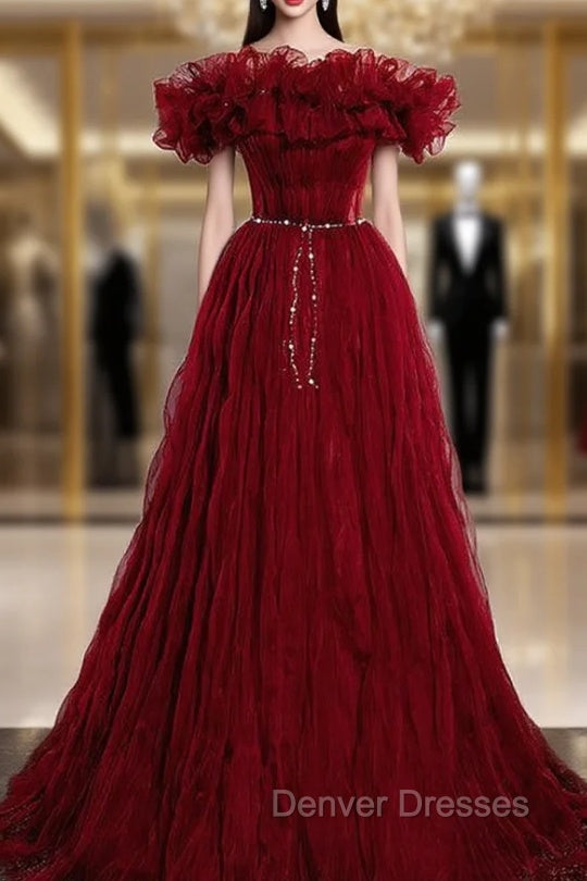 Burgundy Tulle Pleats Off the Shoulder prom Dress Main image