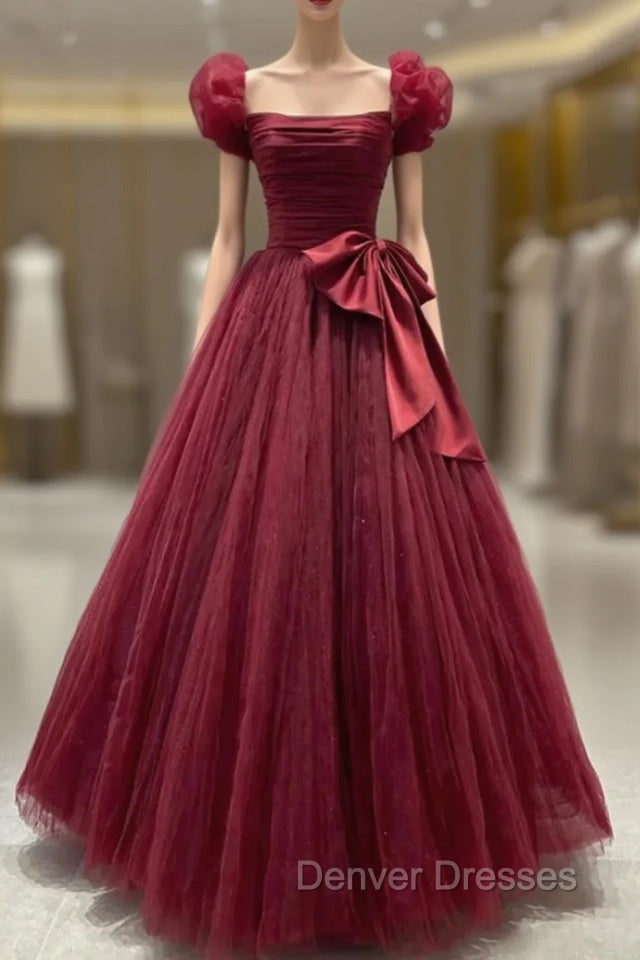 Burgundy Tulle Pleats Prom Dress Main image