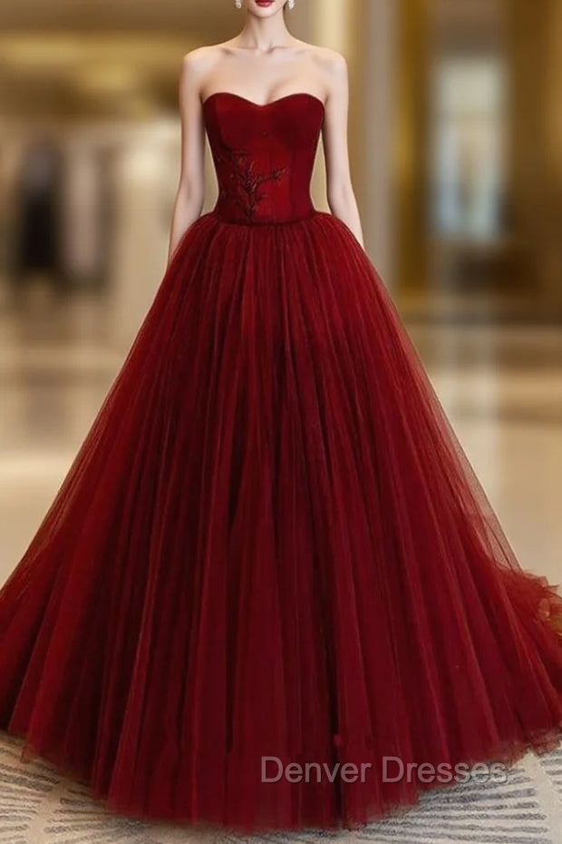 Burgundy Tulle Prom Dress Strapless Beading Fromal Dress Main image