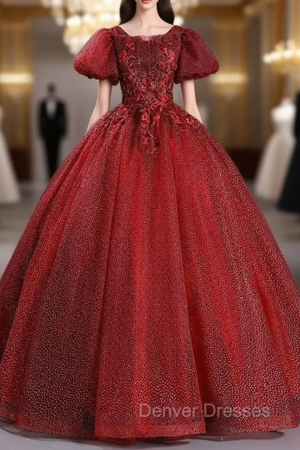 Burgundy Tulle Puff Sleeve Appliques Beadng Quinceanera Dress Main image