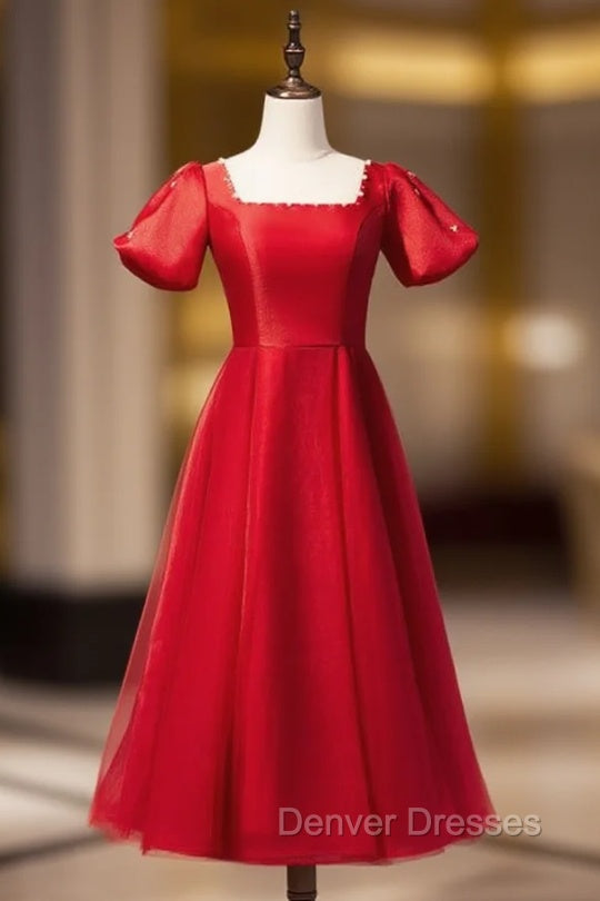 Burgundy Tulle Puff Sleeve Backless Pearls Prom Dress