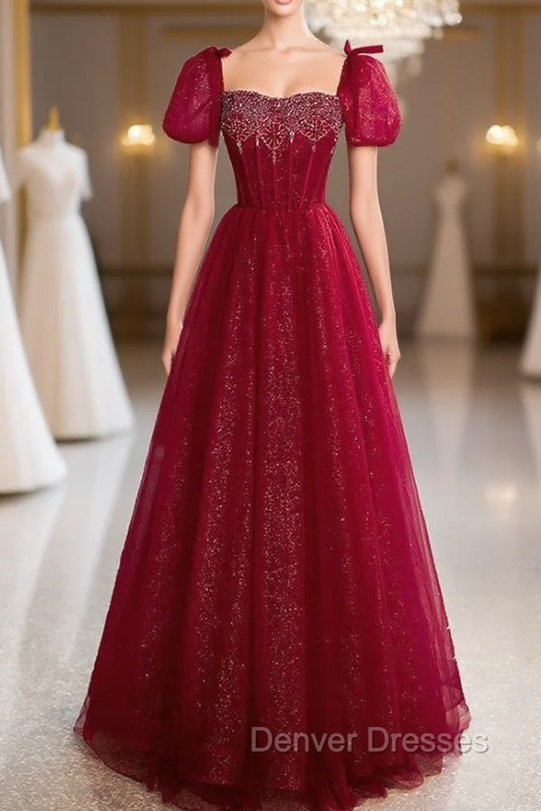 Burgundy Tulle Puff Sleeve Beading Prom Dress Main image