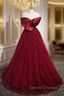 Burgundy Tulle Satin Off the Shoulder Prom Dress