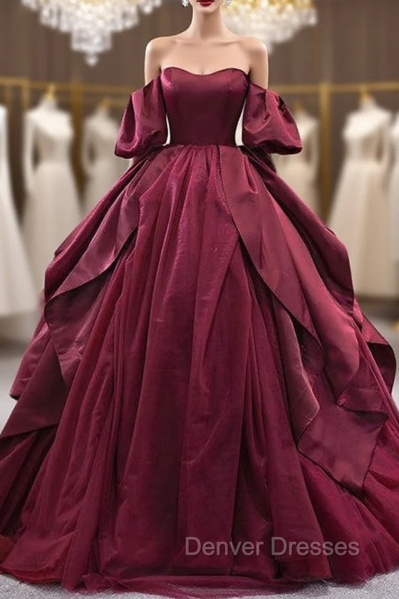 Burgundy Tulle Satin Puff Sleeve Prom Dress Main image