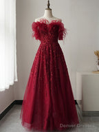 Burgundy Tulle Sequin Long Prom Dress, Burgundy Evening Dress