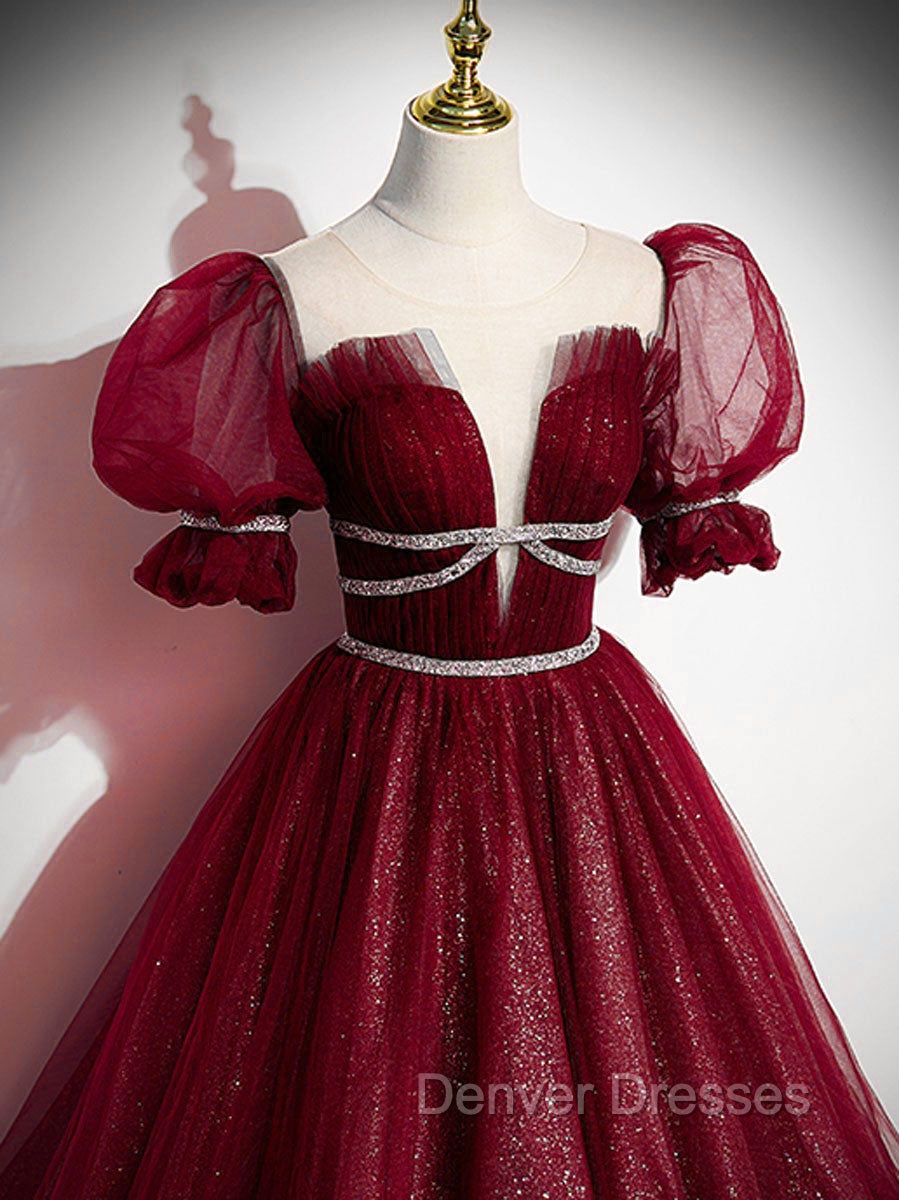 Burgundy Tulle Sequin Long Prom Dress, Burgundy Formal Evening Dress