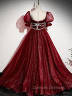 Burgundy Tulle Sequin Long Prom Dress, Burgundy Formal Evening Dress