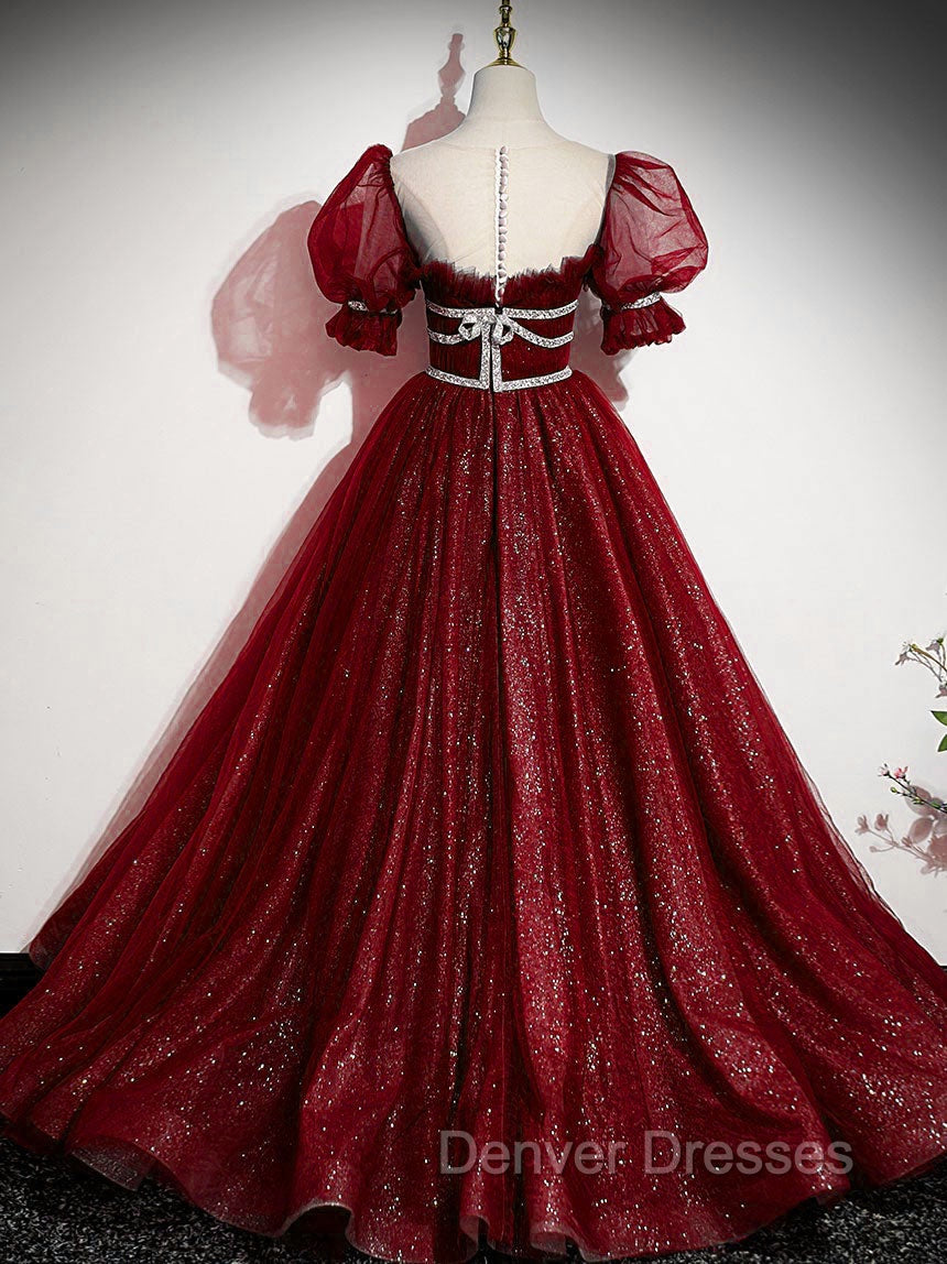 Burgundy Tulle Sequin Long Prom Dress, Burgundy Formal Evening Dress