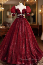 Burgundy Tulle Sequin Long Prom Dress, Burgundy Formal Evening Dress