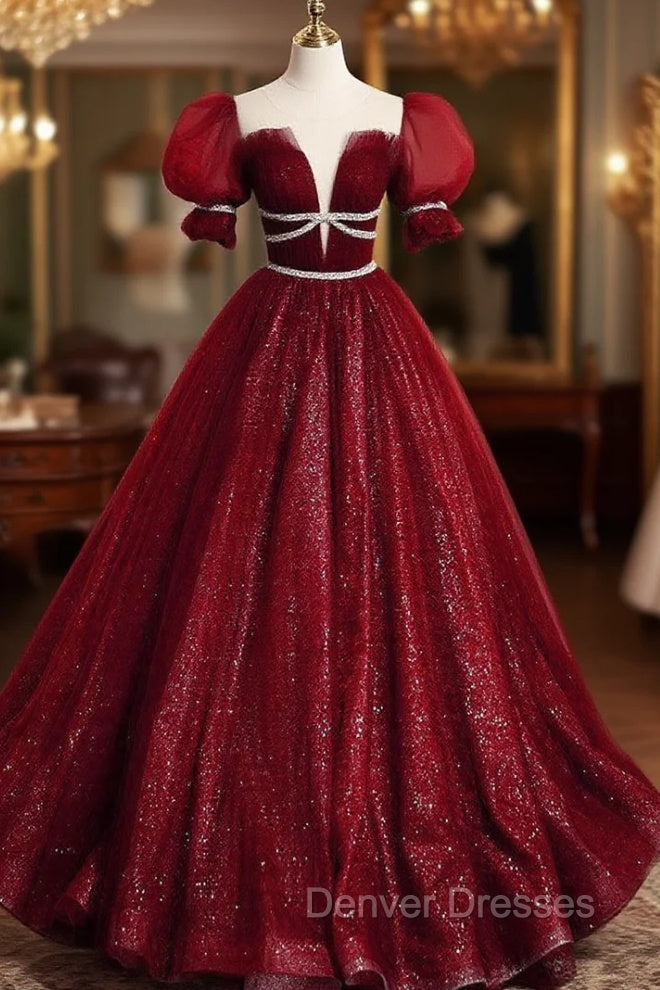 Burgundy Tulle Sequin Long Prom Dress, Burgundy Formal Evening Dress