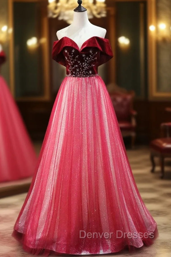 Burgundy Tulle Sequins Bead Off the Shoulder Prom Dress