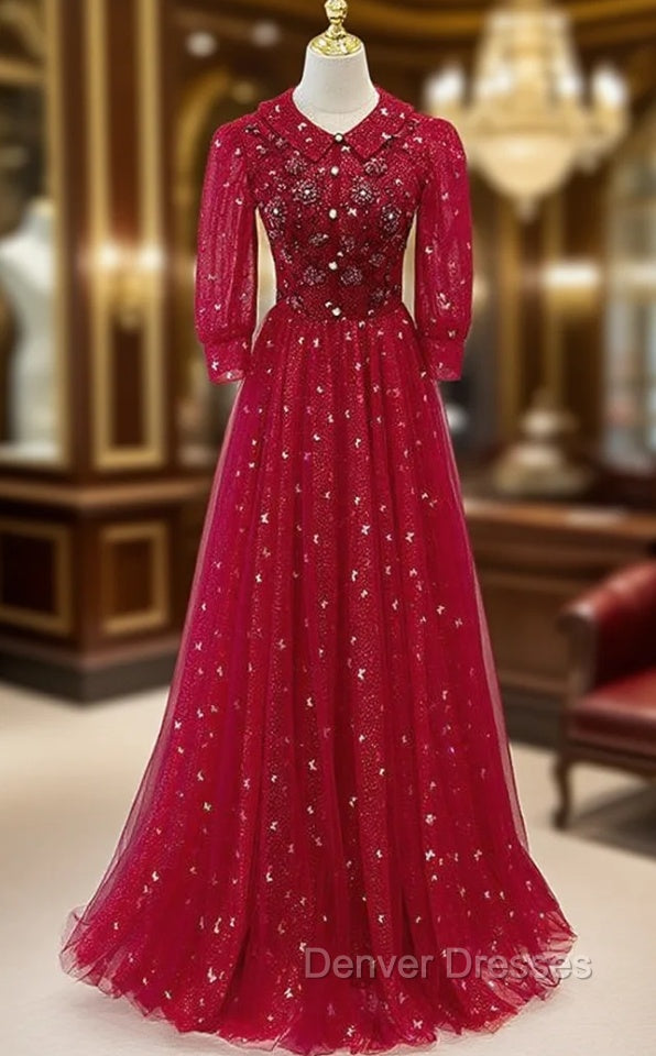 Burgundy Tulle Sequins Beading Short Sleeve Prom Dress Main image