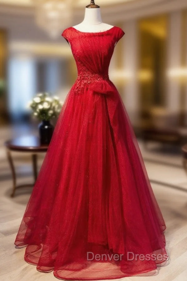Burgundy Tulle Sequins Cap Sleeve Pleats Prom Dress