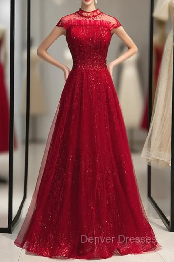 Burgundy Tulle Sequins High Neck Cap Sleeve Prom Dress Main image