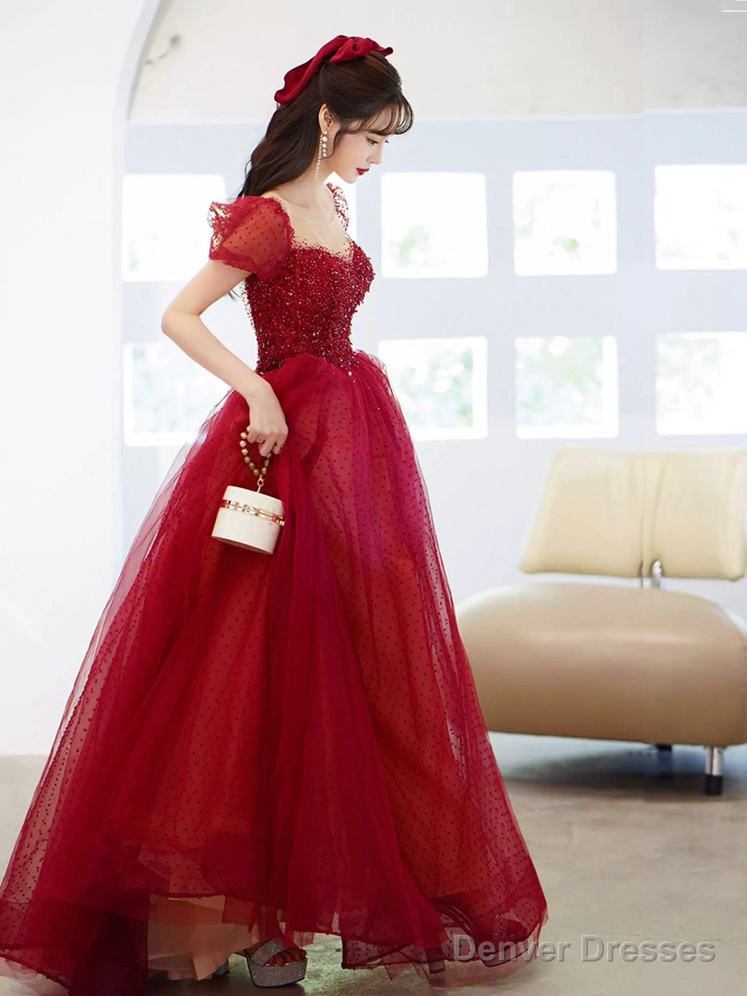 Burgundy Tulle Sequins Long Prom Dress, A-Line Scoop Neckline Evening Party Dress Secondary image