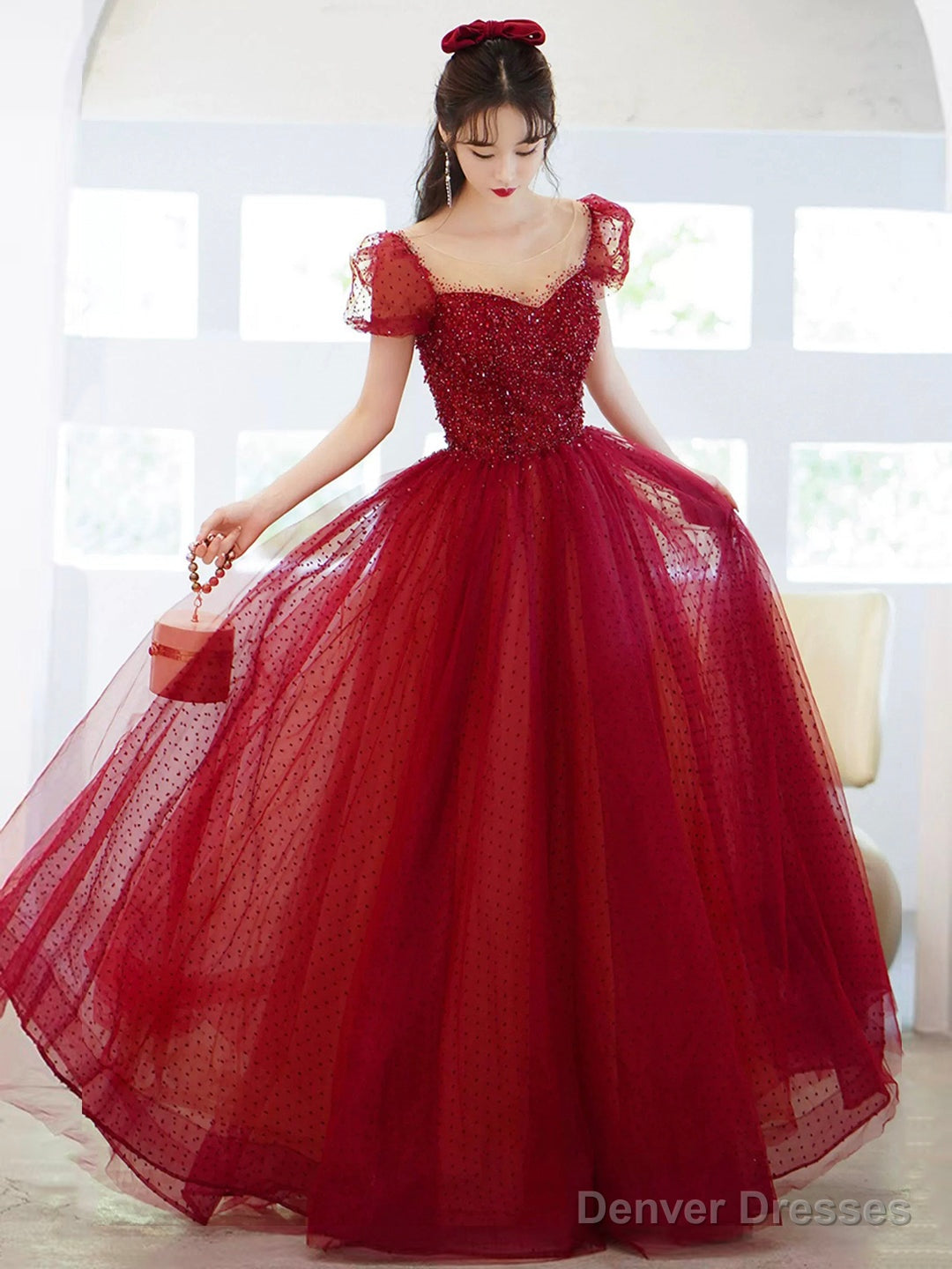 Burgundy Tulle Sequins Long Prom Dress, A-Line Scoop Neckline Evening Party Dress Main image
