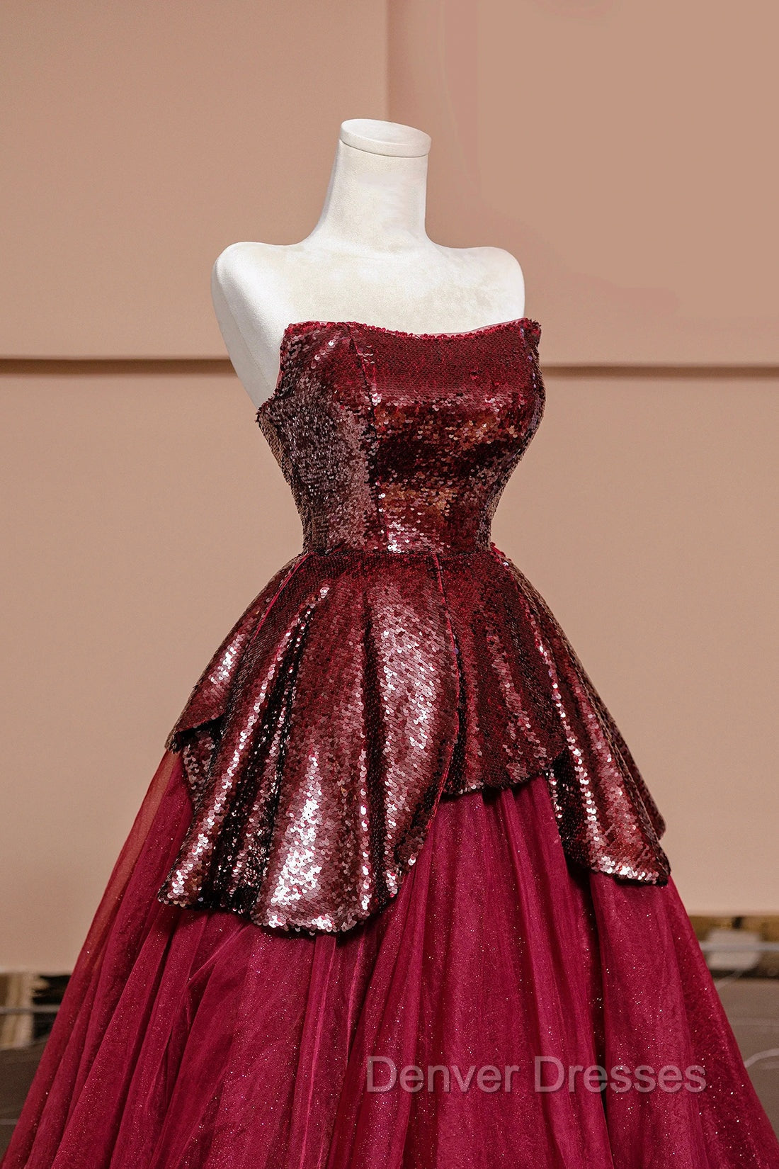 Burgundy Tulle Sequins Long Prom Dress, A-Line Strapless Evening Party Dress Secondary image