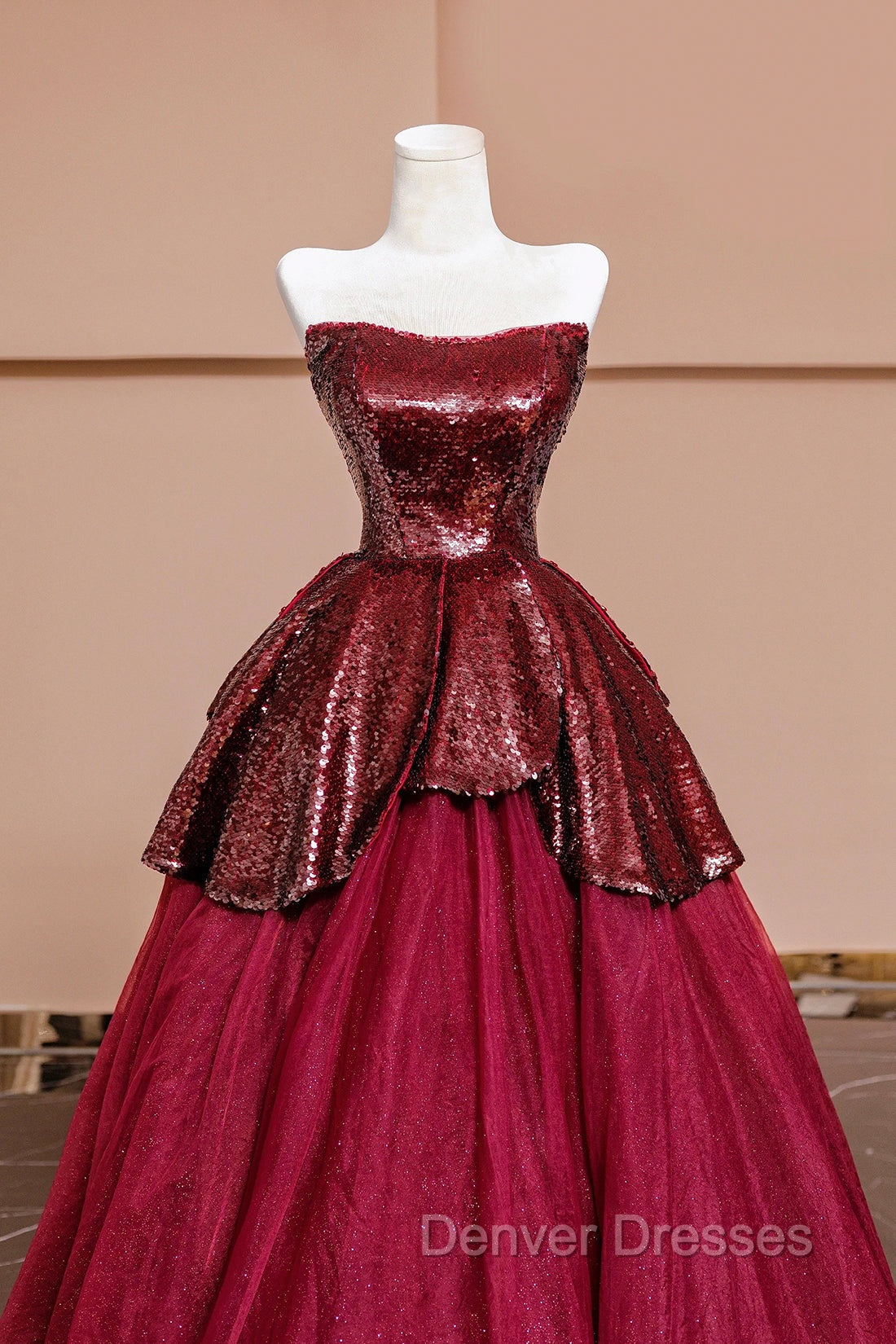 Burgundy Tulle Sequins Long Prom Dress, A-Line Strapless Evening Party Dress