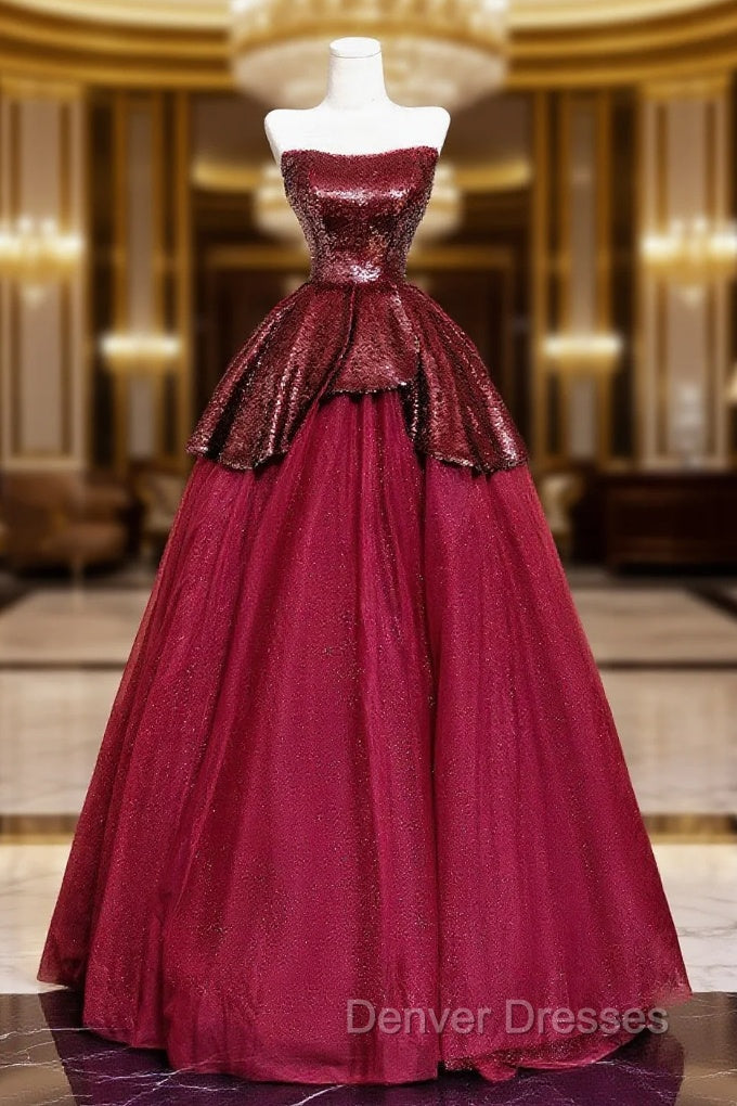 Burgundy Tulle Sequins Long Prom Dress, A-Line Strapless Evening Party Dress Main image