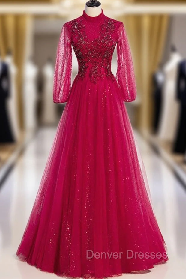 Burgundy Tulle Sequins Long Sleeve High Neck Beading Prom Dress Main image