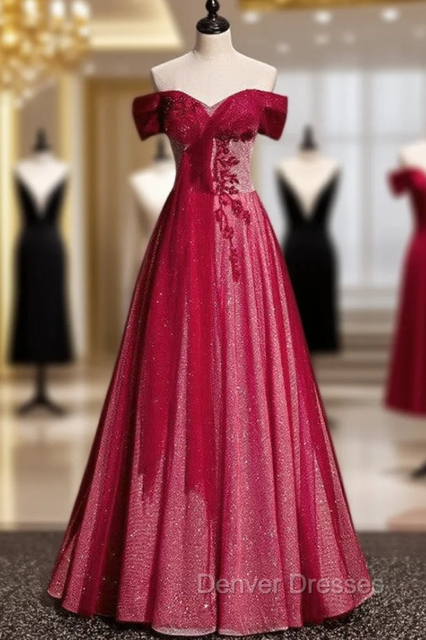 Burgundy Tulle Sequins Off the Shoulder Beading Pleats Prom Dress