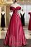 Burgundy Tulle Sequins Off the Shoulder Beading Pleats Prom Dress
