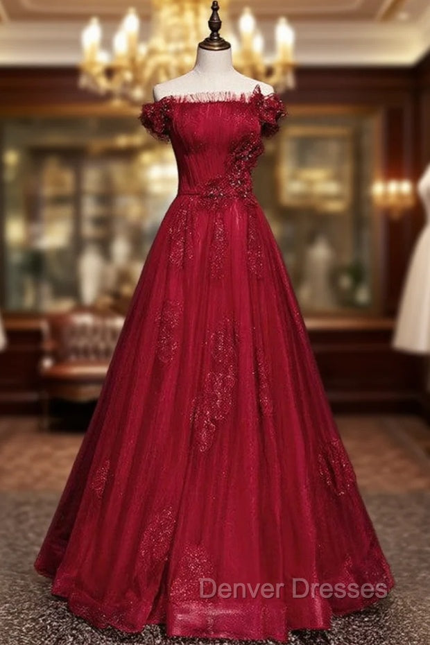 Burgundy Tulle Sequins Off the Shoulder Pleats Prom Dress Main image