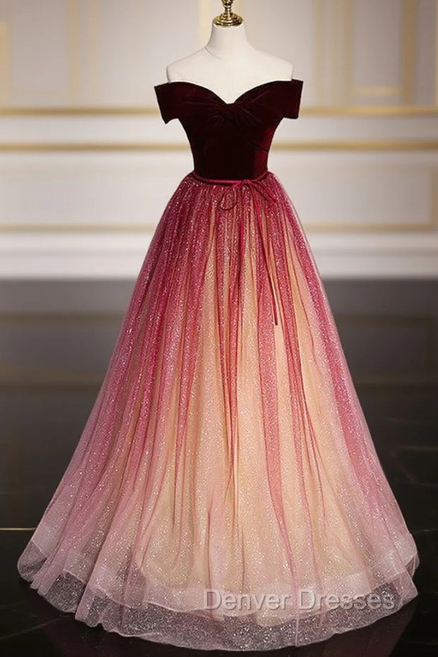 Burgundy Tulle Sequins Off the Shoulder Prom Dress Main image