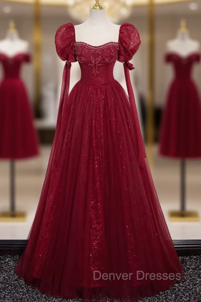 Burgundy Tulle Sequins Puff Sleeve Beading Prom Dress Main image