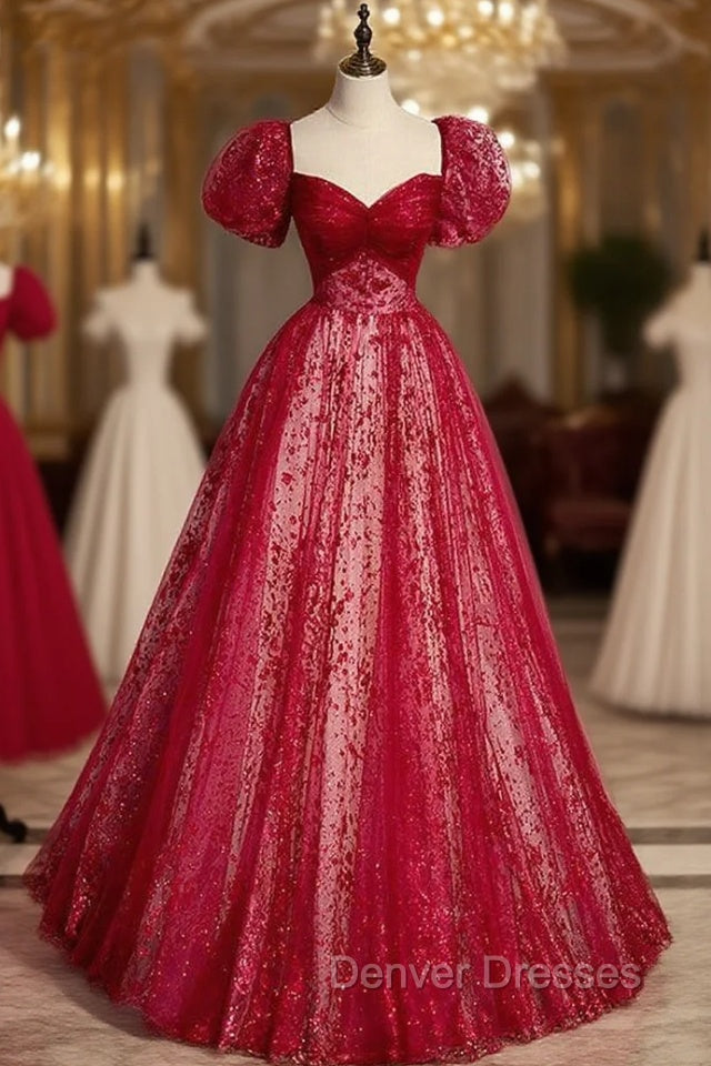 Burgundy Tulle Sequins Puff Sleeve Prom Dress