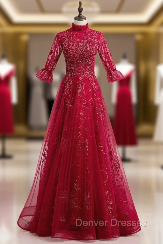 Burgundy Tulle Sequins Short Sleeve Beading Prom Dress Main image