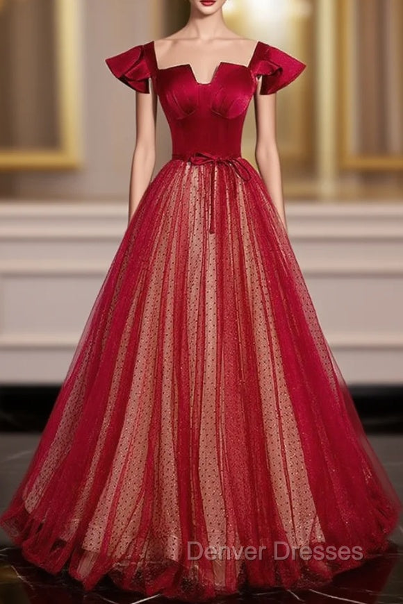 Burgundy Tulle Sequins Square Prom Dress Main image