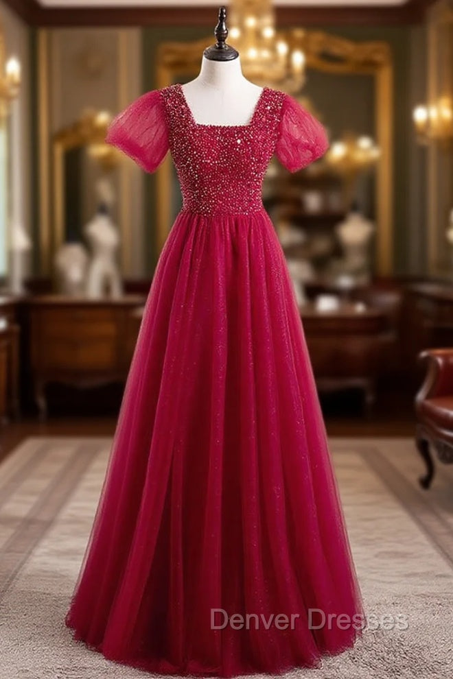 Burgundy Tulle Sequins Square Short Sleeve Prom Dress Main image