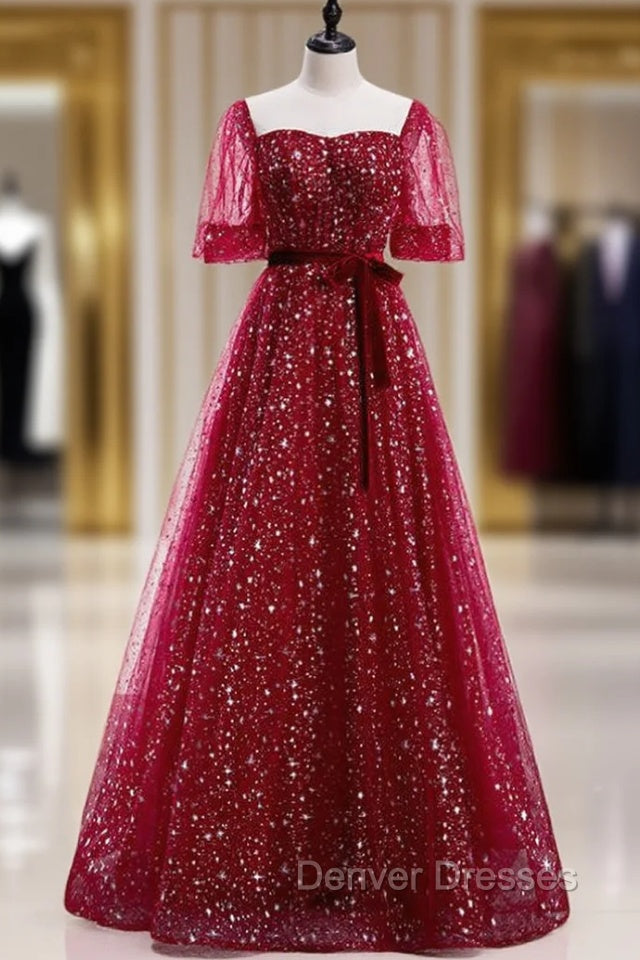 Burgundy Tulle Sequins Square Short Sleeve Prom Dress