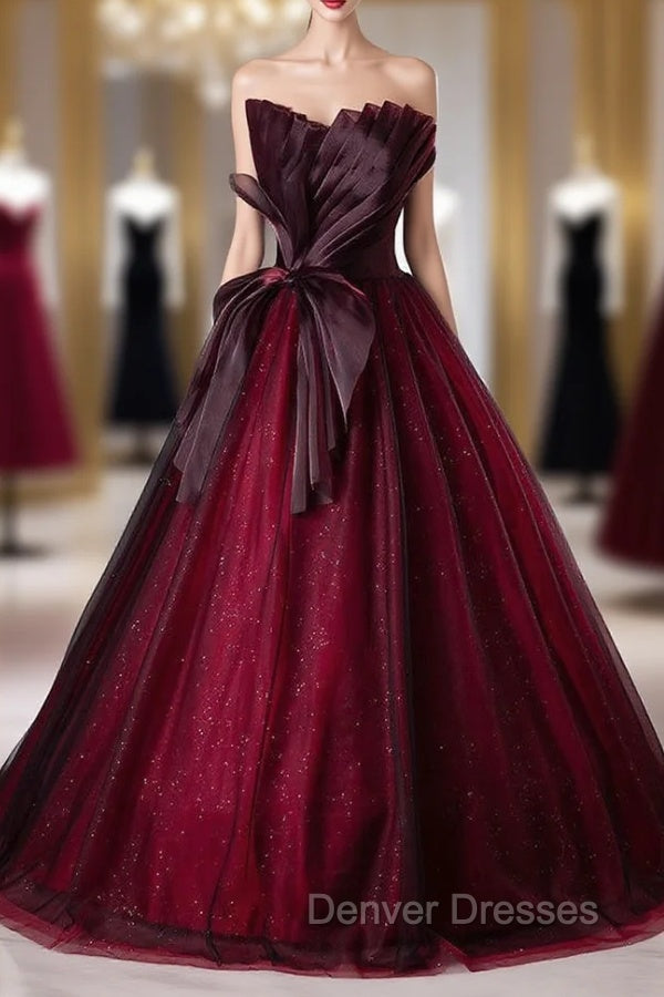 Burgundy Tulle Sequins Strapless Pleats Prom Dress Main image