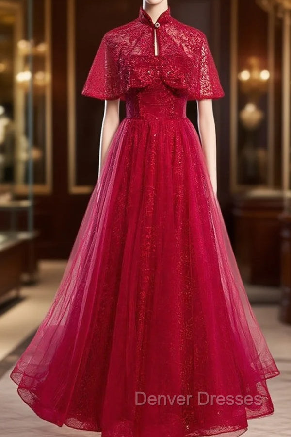 Burgundy Tulle Sequins Strapless Prom Dress With Shawl Main image