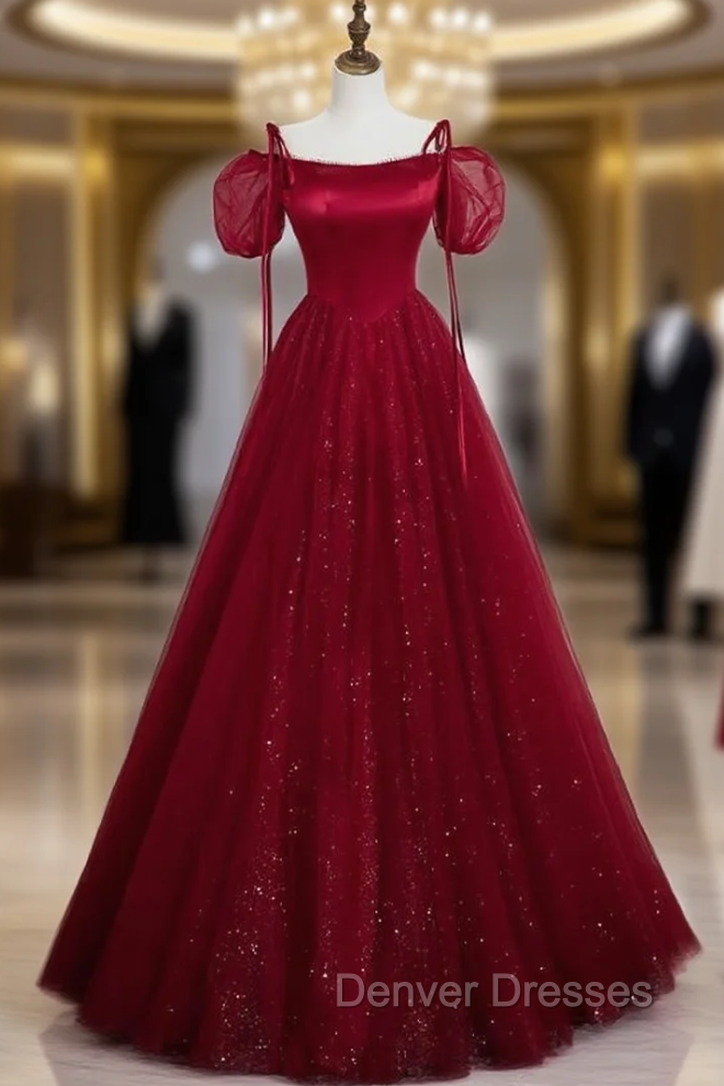 Burgundy Tulle Sequins Straps Puff Sleeve Prom Dress